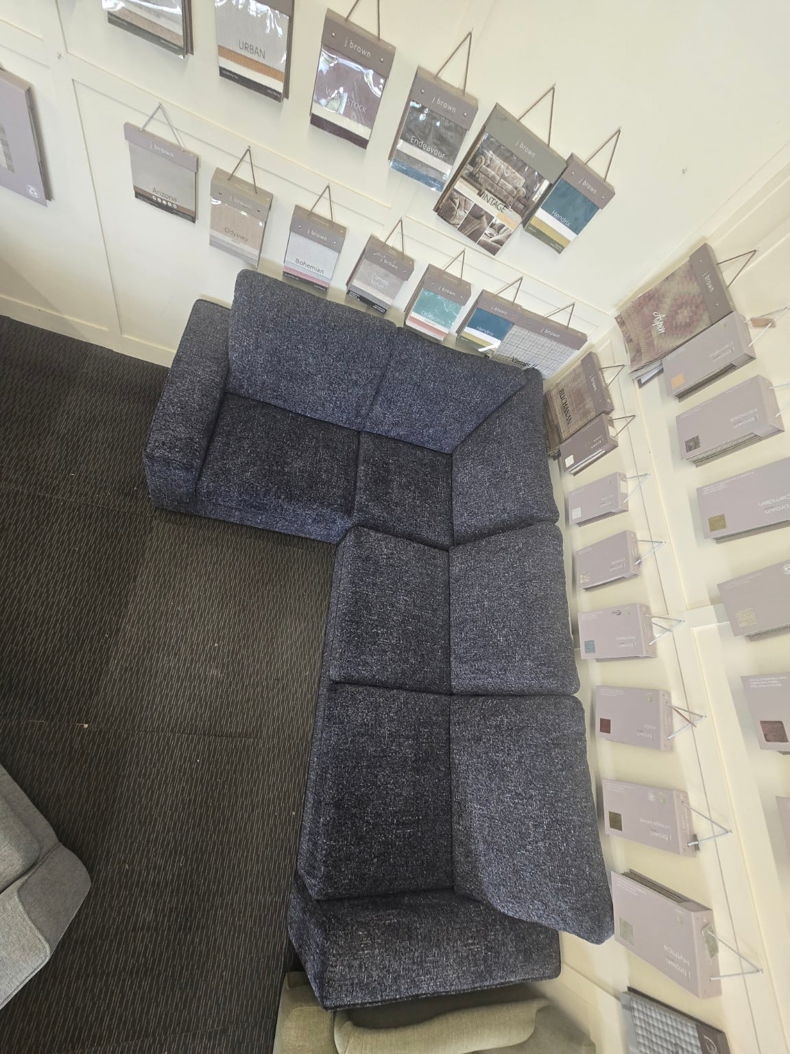Overhead photograph of the dark blue Inca corner arrangement, with the camera tilted