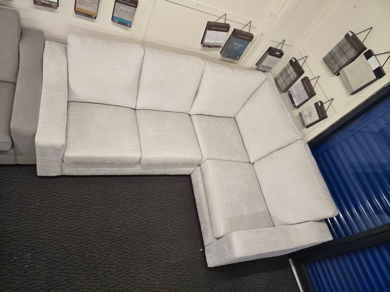 Overhead photograph of the white Ashford corner sofa, with the longer run on the left of the picture