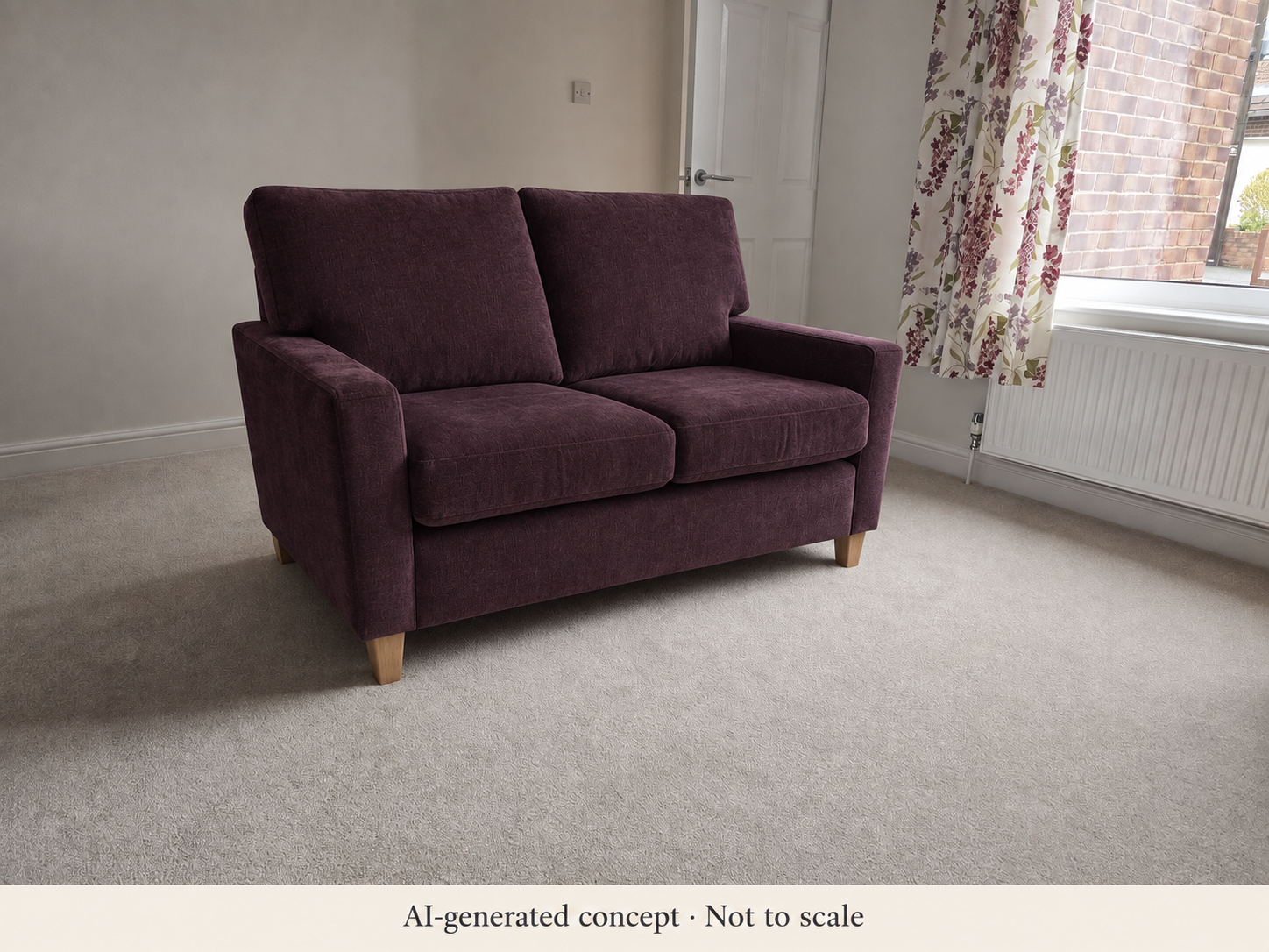 AI-generated concept of Sorrento with 51-inch seating width and 34-inch depth, in Amethyst fabric; dimensions are illustrative, not verified by the image